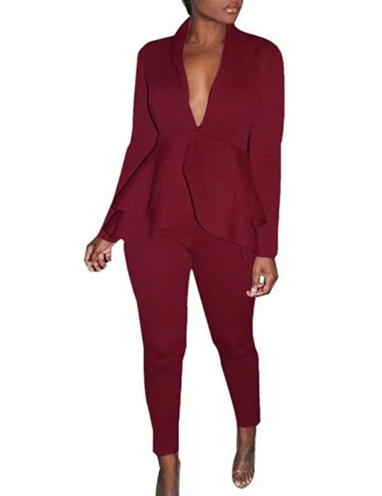 Business casual shirt and pencil pants set in polyester fabric on a hanger.