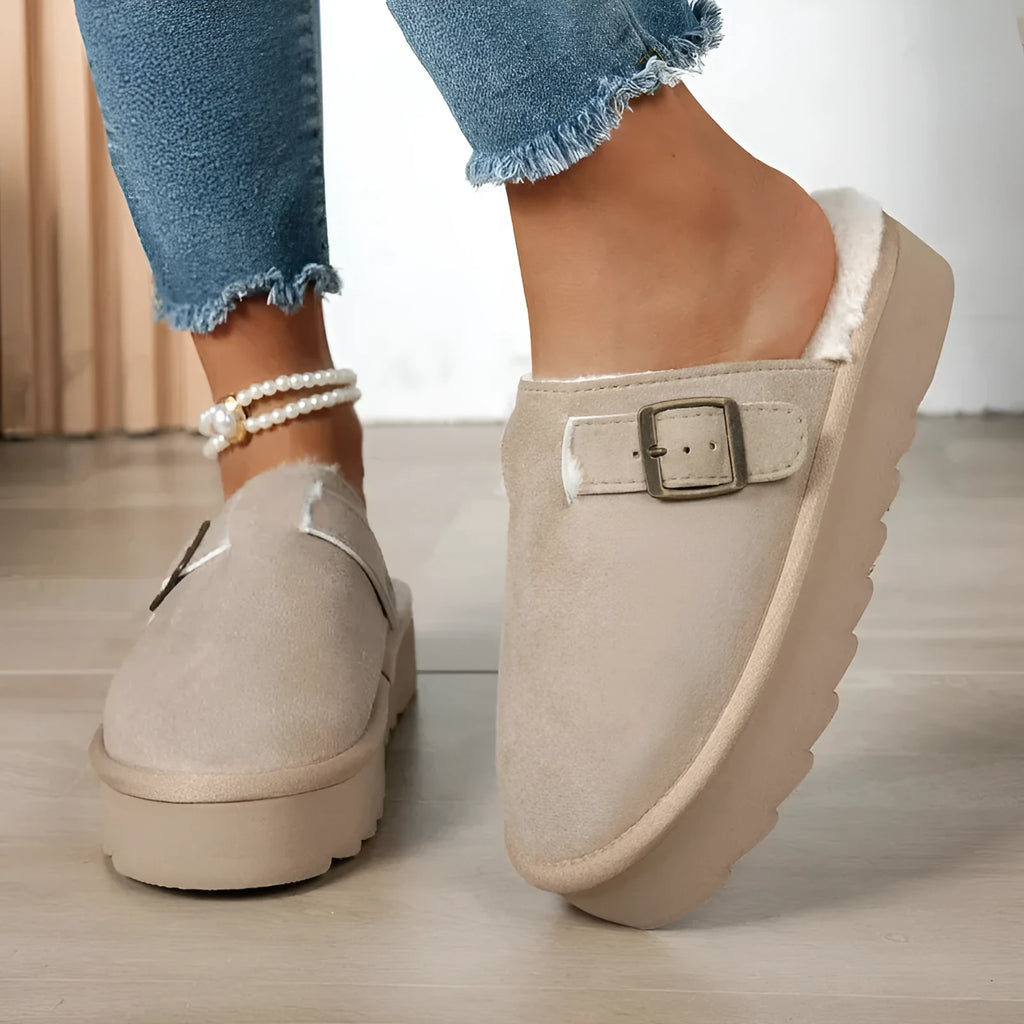 Women's winter slippers with plush lining, PU upper, round toe, in black, brown or khaki, sizes 36-41