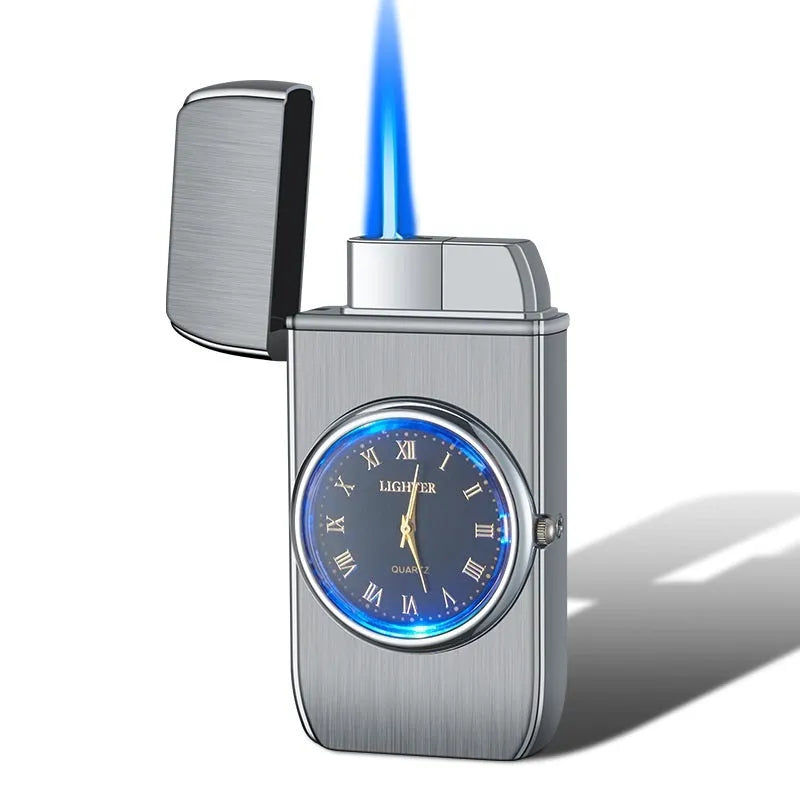 Multifunctional electronic watch and gas lighter with LED lamp in metal casing, shown in various brushed and textured finishes.