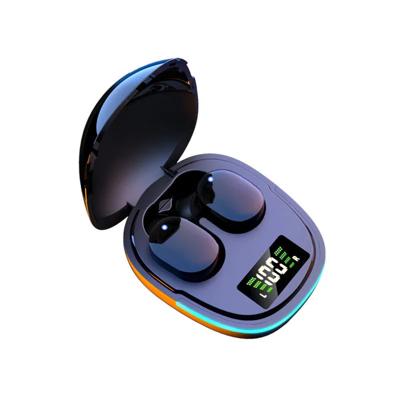 Black true wireless Bluetooth in-ear headphones placed inside their magnetic charging case.