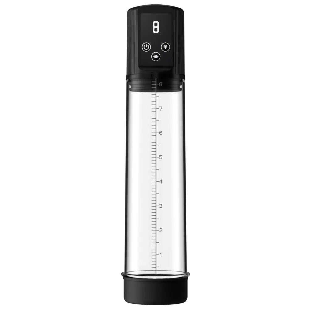 Male masturbation device with a grey electric training pump unit made from ABS and TPE plastic.
