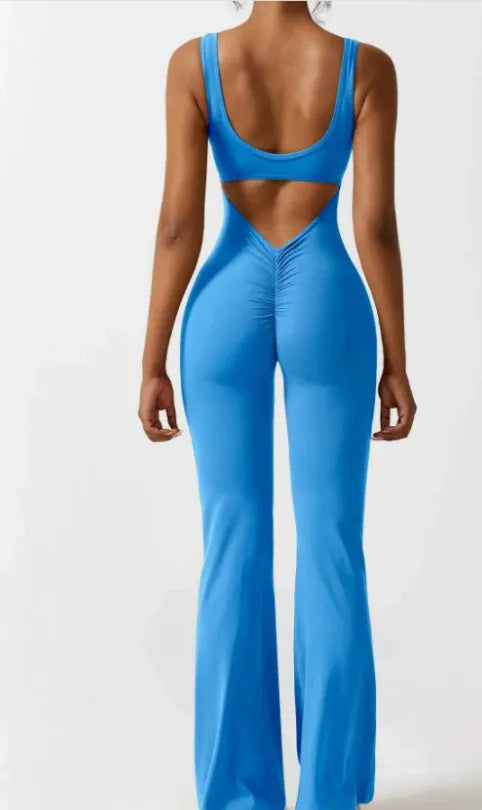 Seamless tight yoga bodysuit jumpsuit in milk silk fabric with built-in chest pad and mid waist design