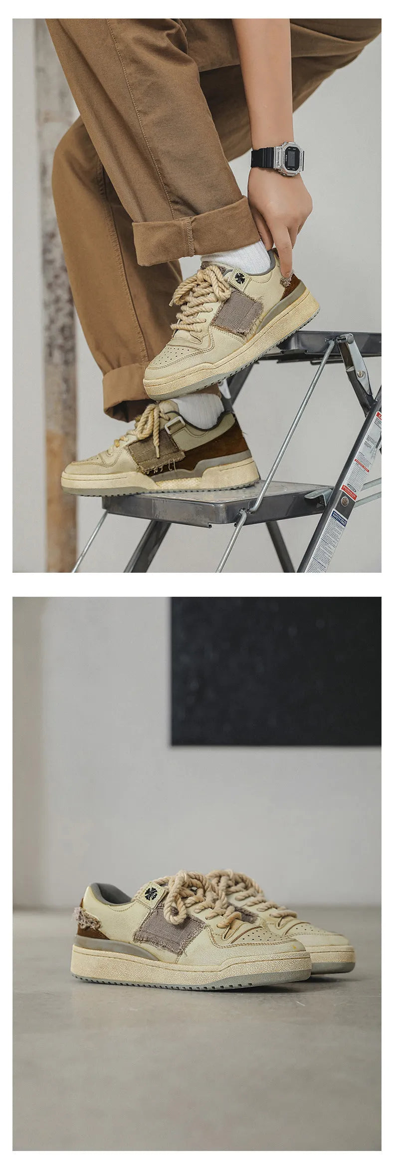 Beige vintage style low top skateboard shoes with flat rubber sole and lace-up front.