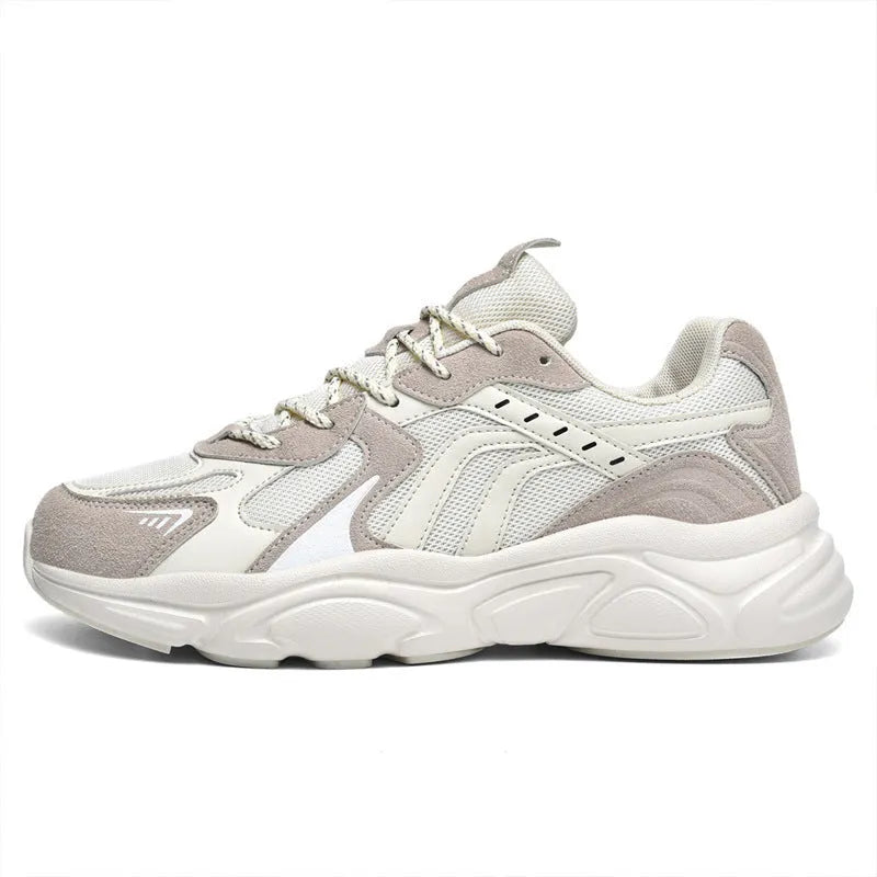 Men's beige and black flat casual sneakers with low heel, shown in sizes 36 to 46.