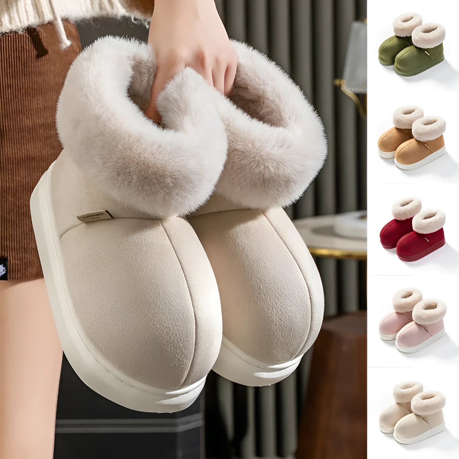 Women winter thick-soled cotton snow boots with plush upper and EVA sole in Beige