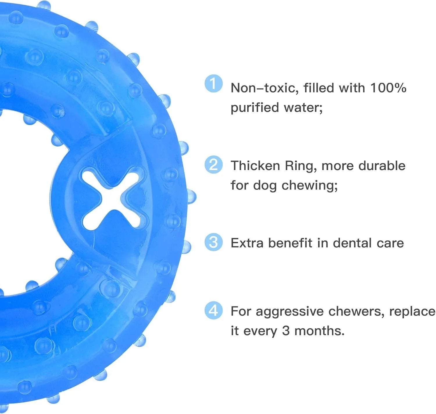 A freezable bone or circle-shaped dog chew toy, shown with treats, designed for cooling and teething relief.