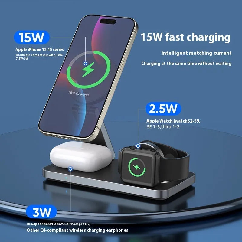 4-in-1 magnetic wireless charger in black or white metal or plastic, 150 x 75 x 29.6mm, with USB-C input and 15W phone output
