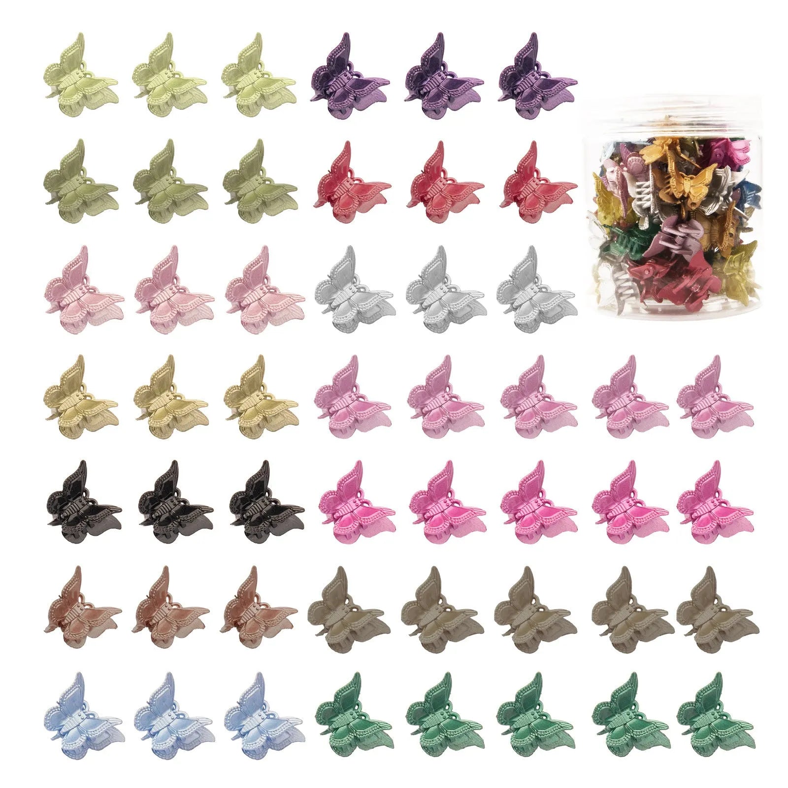 50 glitter mini butterfly hair claw clips in 14 colours on white background