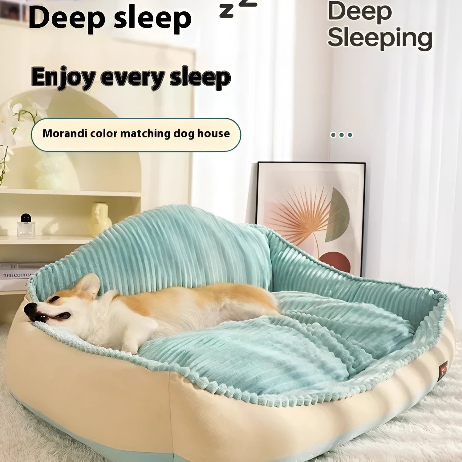 Morandi coloured removable washable dog house sofa bed for pets on a wooden floor.