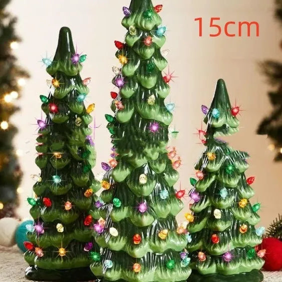 Resin Christmas tree decoration with lights in European style, shown in 20cm, 25cm, and 30cm sizes.