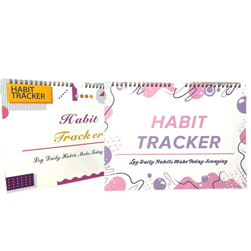 Habit tracking journal with 12 pages measuring 21cm by 28cm in four colour options