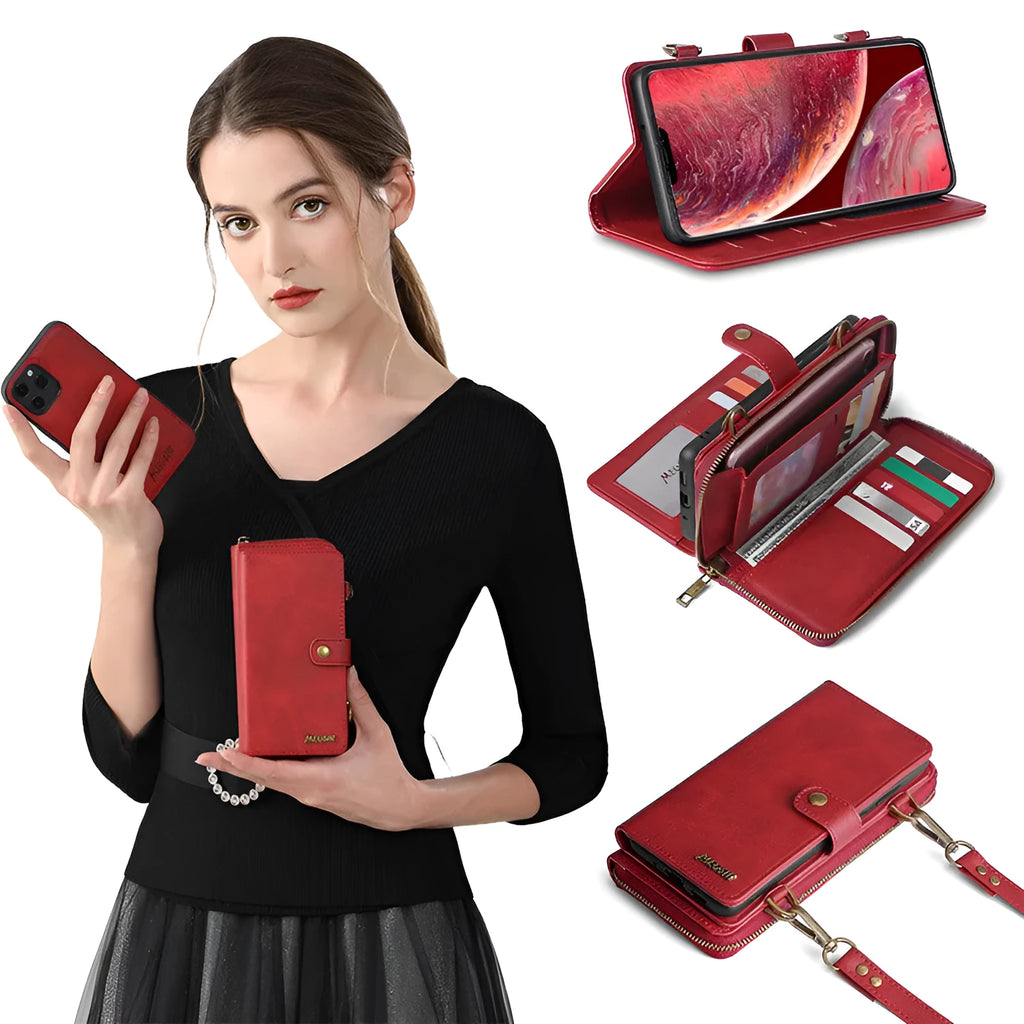 Black detachable wallet leather flip phone case shown open and closed, for Samsung Galaxy Note and iPhone models.