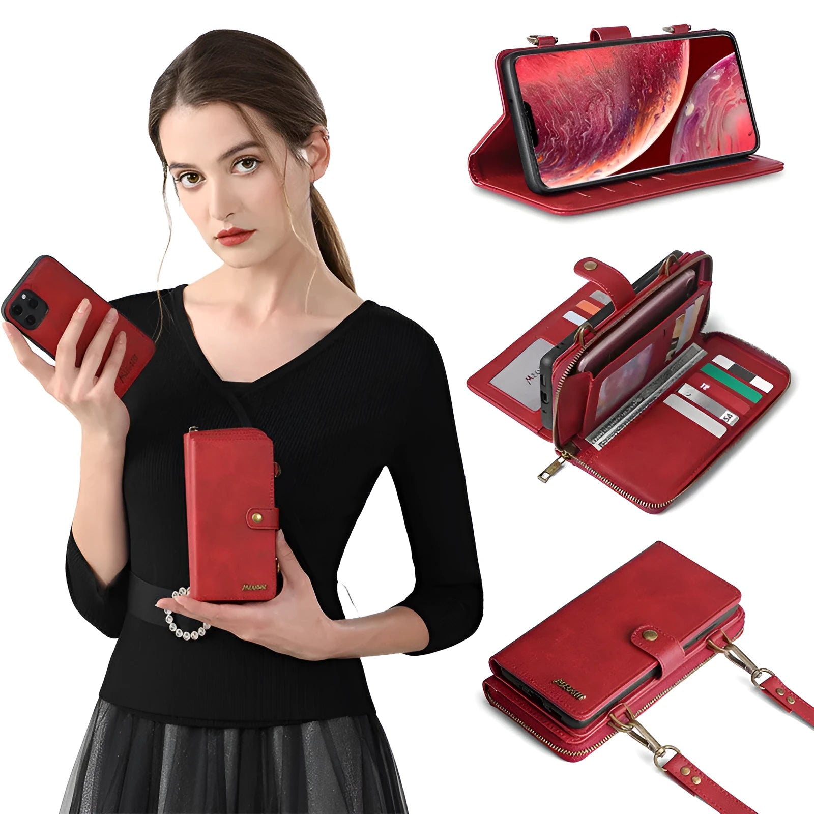 Black detachable wallet leather flip phone case shown open and closed, for Samsung Galaxy Note and iPhone models.