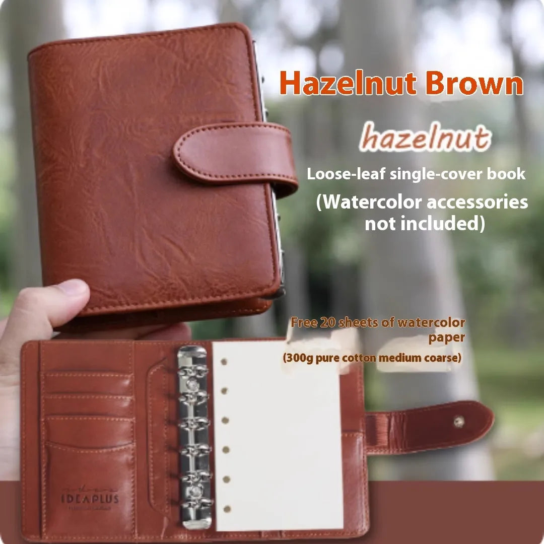 A7 size loose-leaf watercolour notebook in avocado green, hazelnut brown, mango pudding, mocha coffee, or rainforest green.