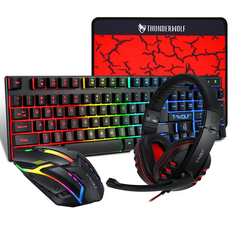 Thunder Wolf wired gaming keyboard mouse headset combo set with USB connections and mouse pad