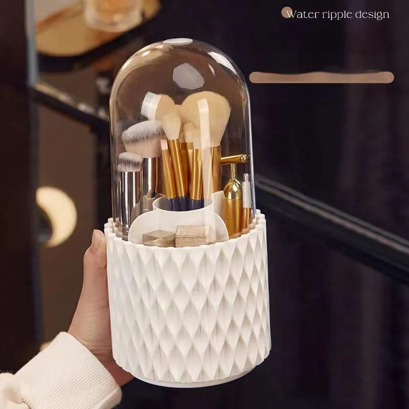 White rotating transparent acrylic makeup brush storage box with dustproof lid on desktop