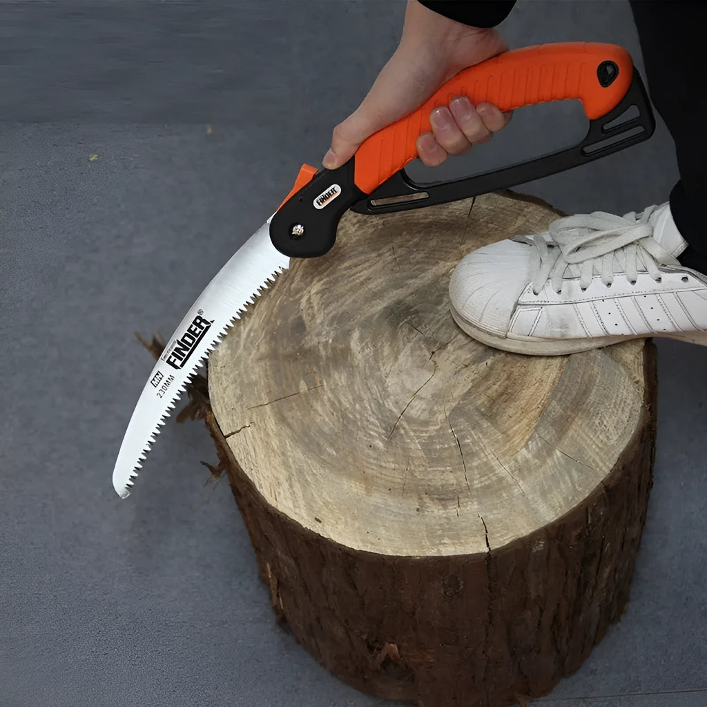 A folded and open 230mm folding garden saw with a TPR grip and 65MN steel blade.