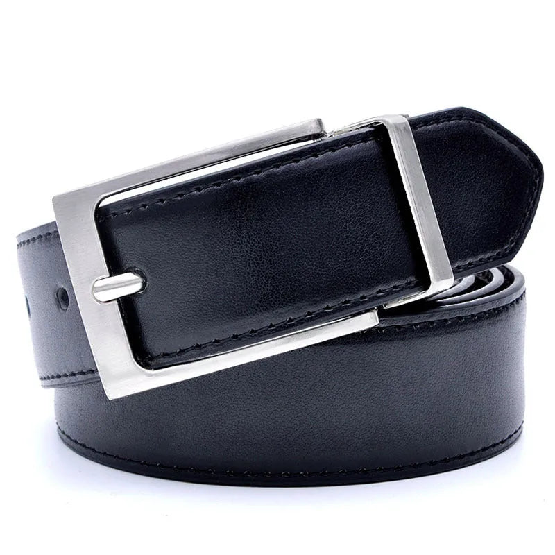 Men's brown black genuine leather belt with rotating alloy pin buckle shown at 120cm length