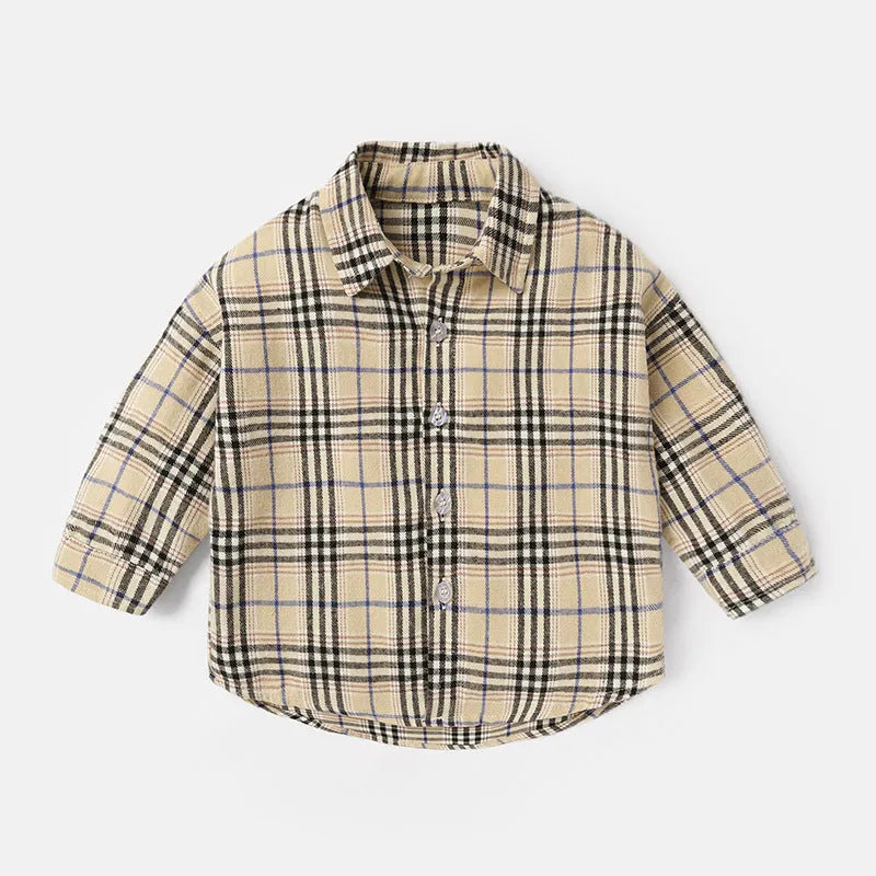 Boys' casual cotton long sleeve lattice shirt in khaki, light blue, pink, or yellow with animal cartoon pattern.