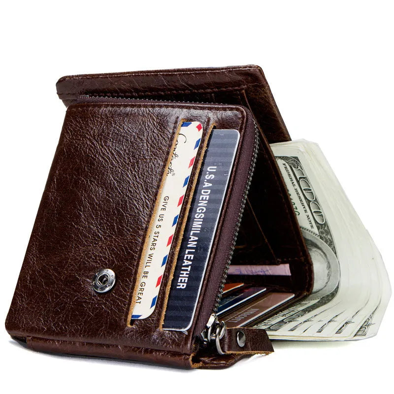Vintage Crazy Horse leather tri-fold men's wallet in coffee colour, folded and showing card slots