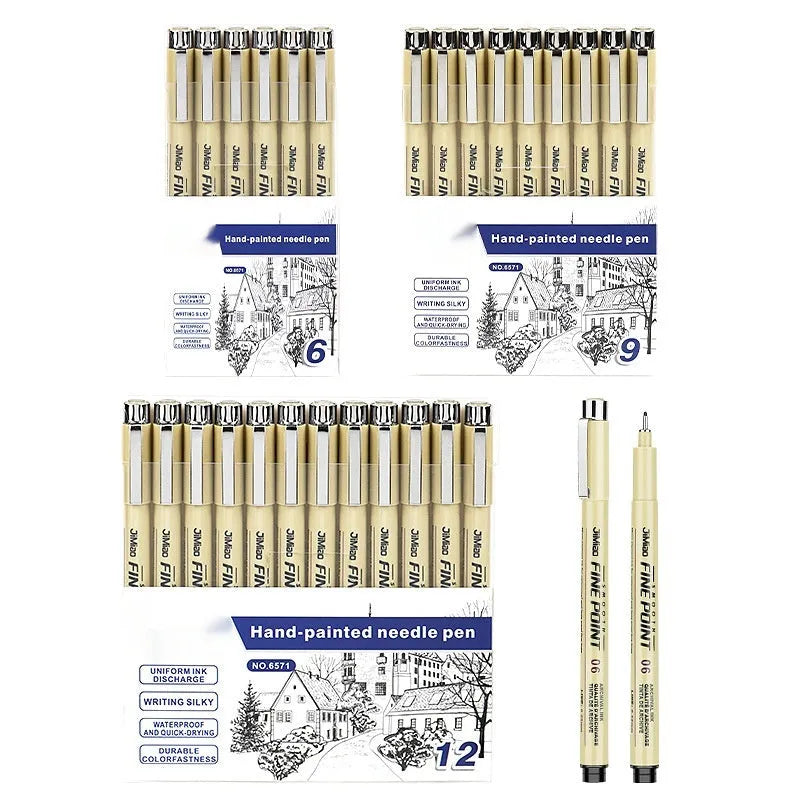 Black waterproof needle pen with syringe cartoon illustration, 133mm plastic body.