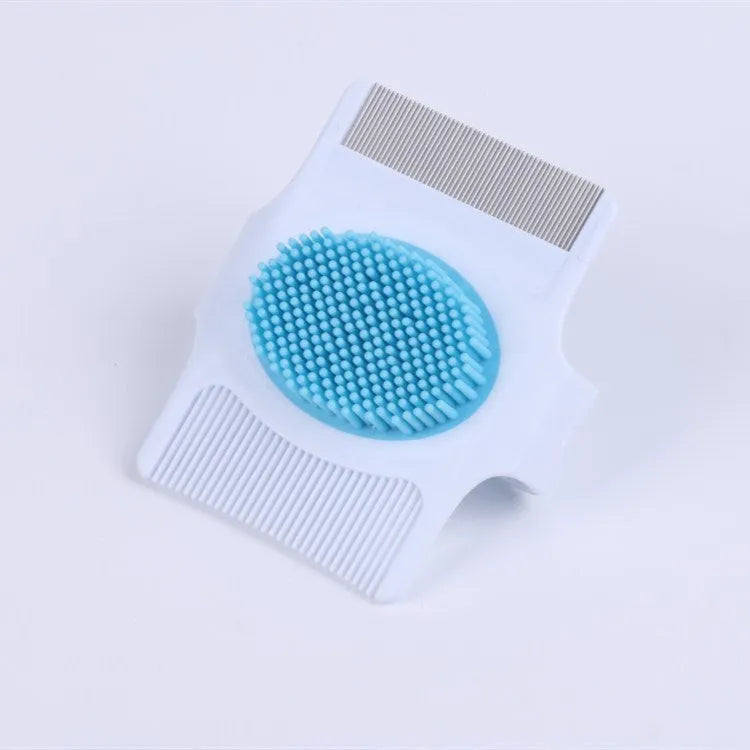 Blue multifunctional pet grooming comb with four tool heads for hair removal and massage