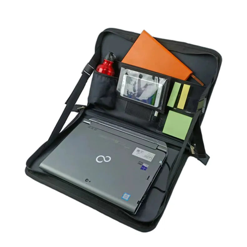 Black Oxford cloth car computer bag with sewing thread details, open showing multifunctional storage and drawing board