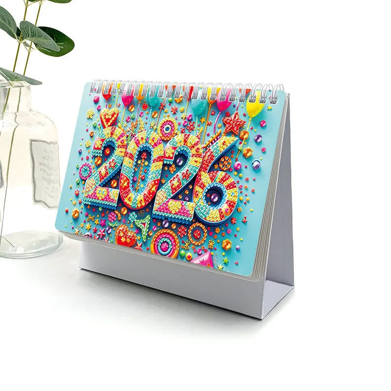 Handmade diamond painting desk calendar with stick-on crystals on white card, frameless modern simplicity design
