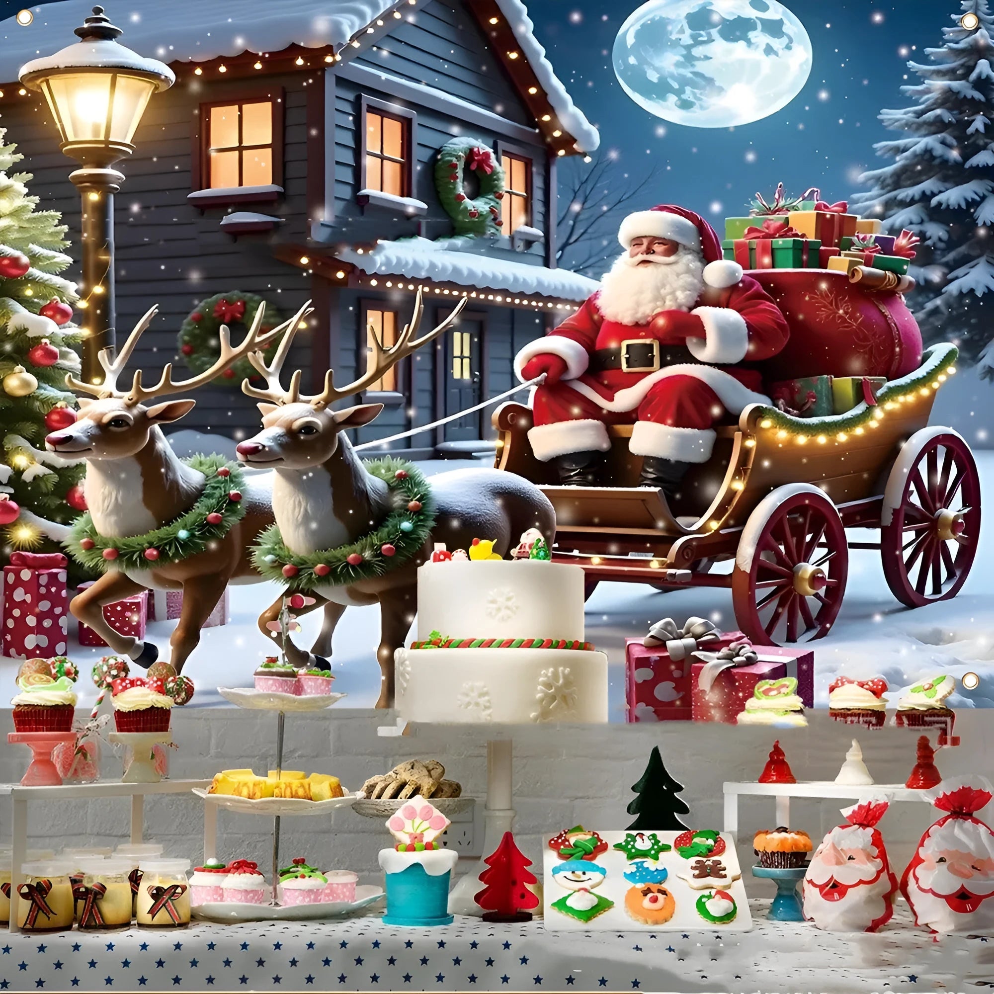 Christmas banner with Santa Claus and gifts design on polyester fabric measuring 210x150cm