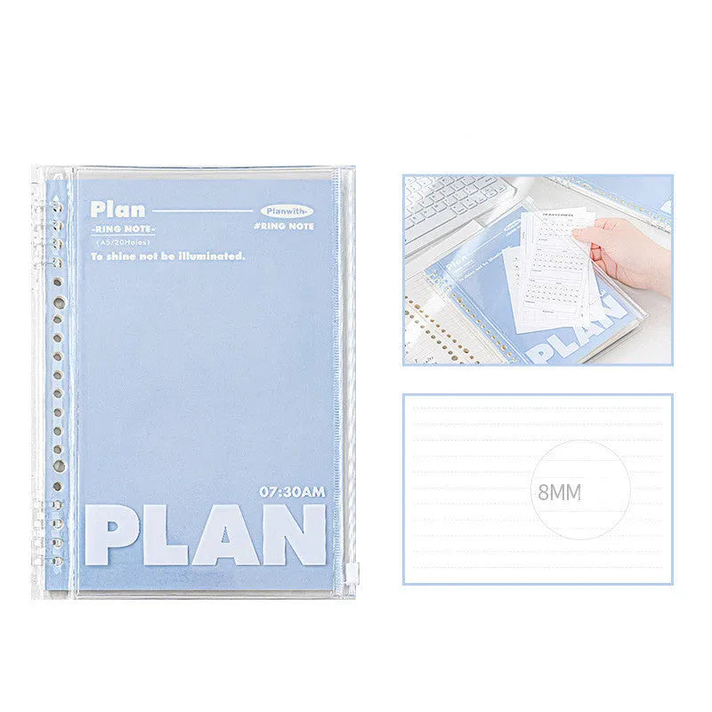 Blue and white A5 PVC spiral notebook with Wire-O binding on a flat surface