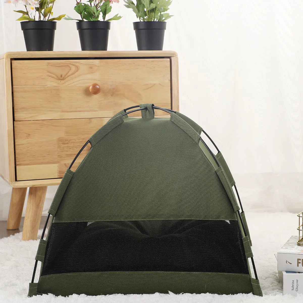 Pet nest with cushion in Military Green set for small dogs and cats portable lightweight