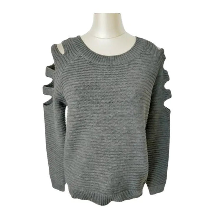 Grey women's knitted shirt with round neck and crocheted hollow-out detail on long sleeves