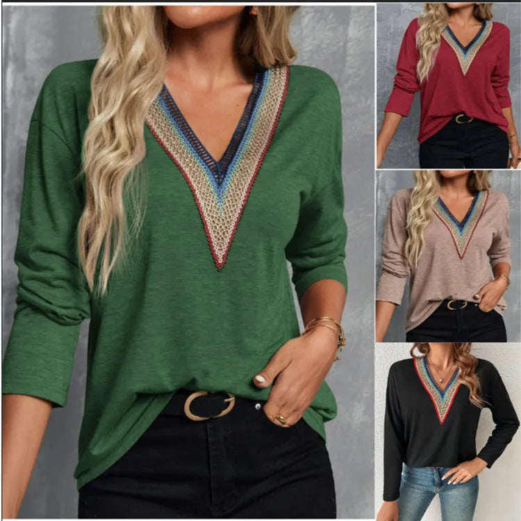 Lace spliced V-neck long sleeve top, mid-length polyester blouse in green, brick red, black or khaki