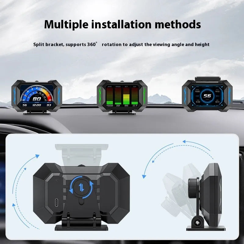 Black PC ABS car head-up display showing speed, water temperature, and voltage, OBD2 and GPS modes, HD screen