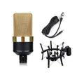 Wired condenser microphone with cardioid pattern and integrated stand in champagne gold or black gold colour