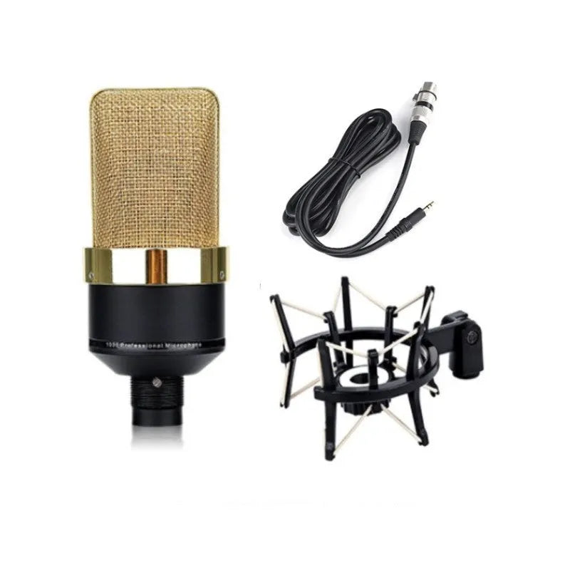 Wired condenser microphone with cardioid pattern and integrated stand in champagne gold or black gold colour