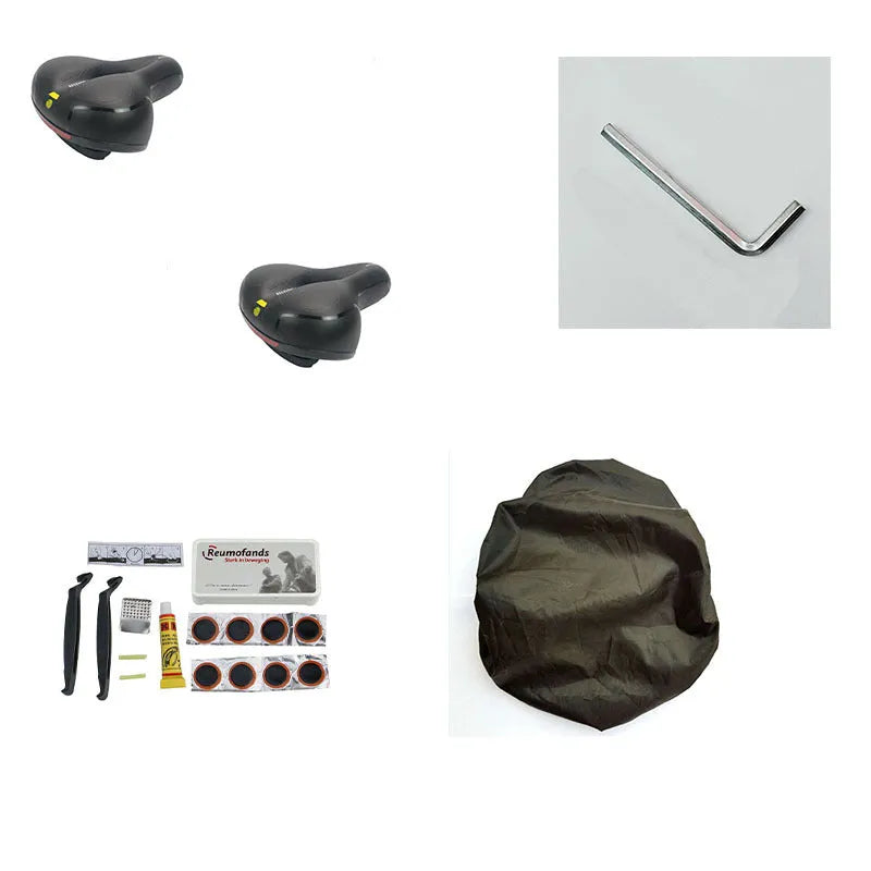 Bicycle saddle cushion with waterproof cover and installation tools including wrench and tyre patch kit
