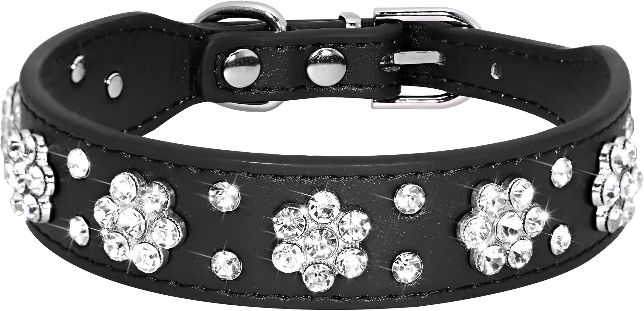 Close-up of a black PU leather dog collar with a rhinestone flower pattern and metal studs.