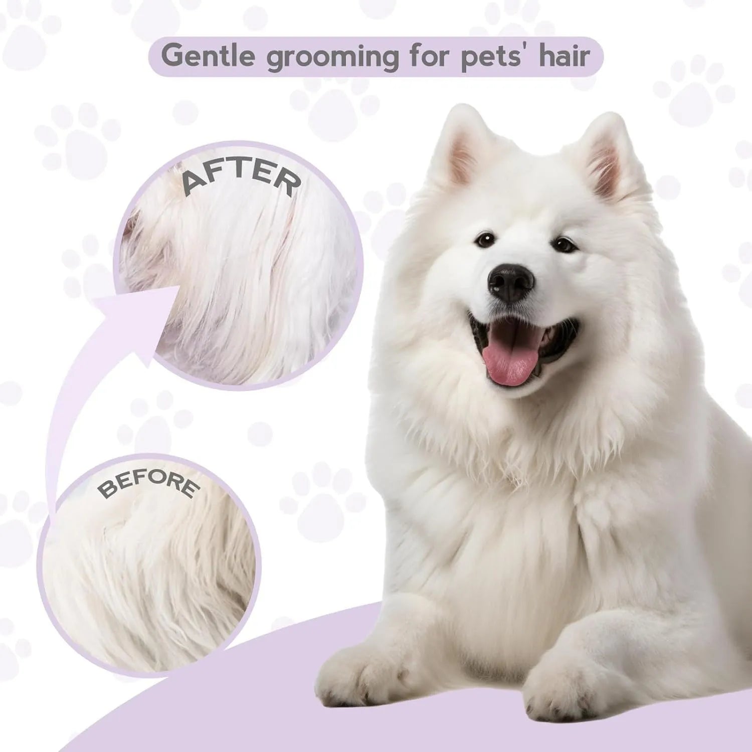Purple pet grooming comb with stainless steel teeth on an ergonomic handle.