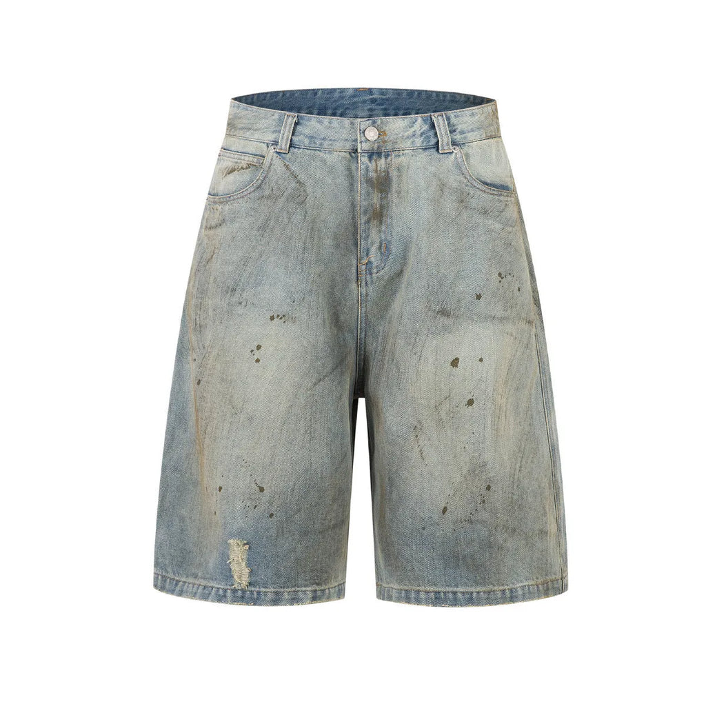 Blue cropped denim middle pants with straight leg and zipper fly closure