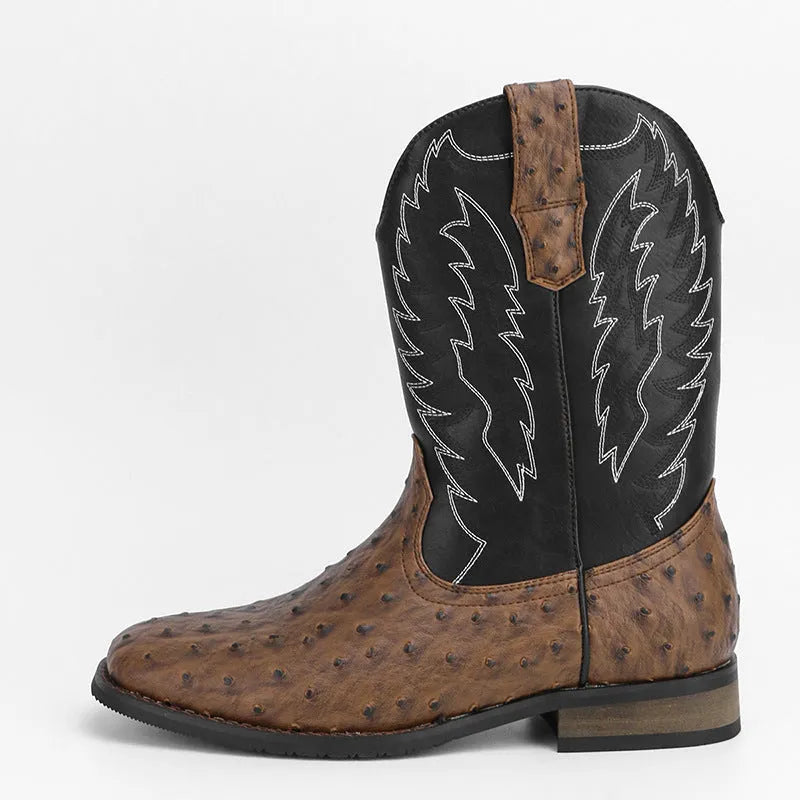 Men's black square toe western motorcycle boots with a low wedge heel and mid-calf height.