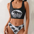 Women's coconut print bikini with lace-up front on bikini top.