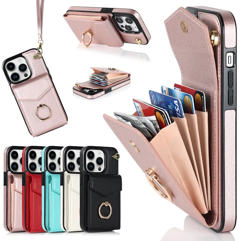 PU leather iPhone case with card slot and folding stand in black, mint green, milky white, red or rose gold