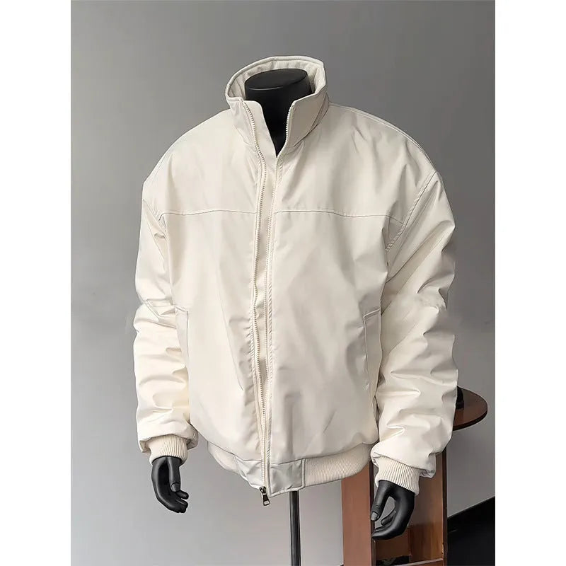 Men's loose coach jacket with stand collar, long sleeves, polyester, in black, gray, or apricot