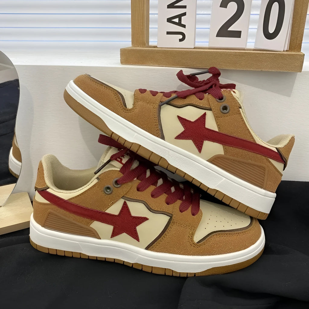 Brown women's platform sneakers with sequin decoration and lace-up front