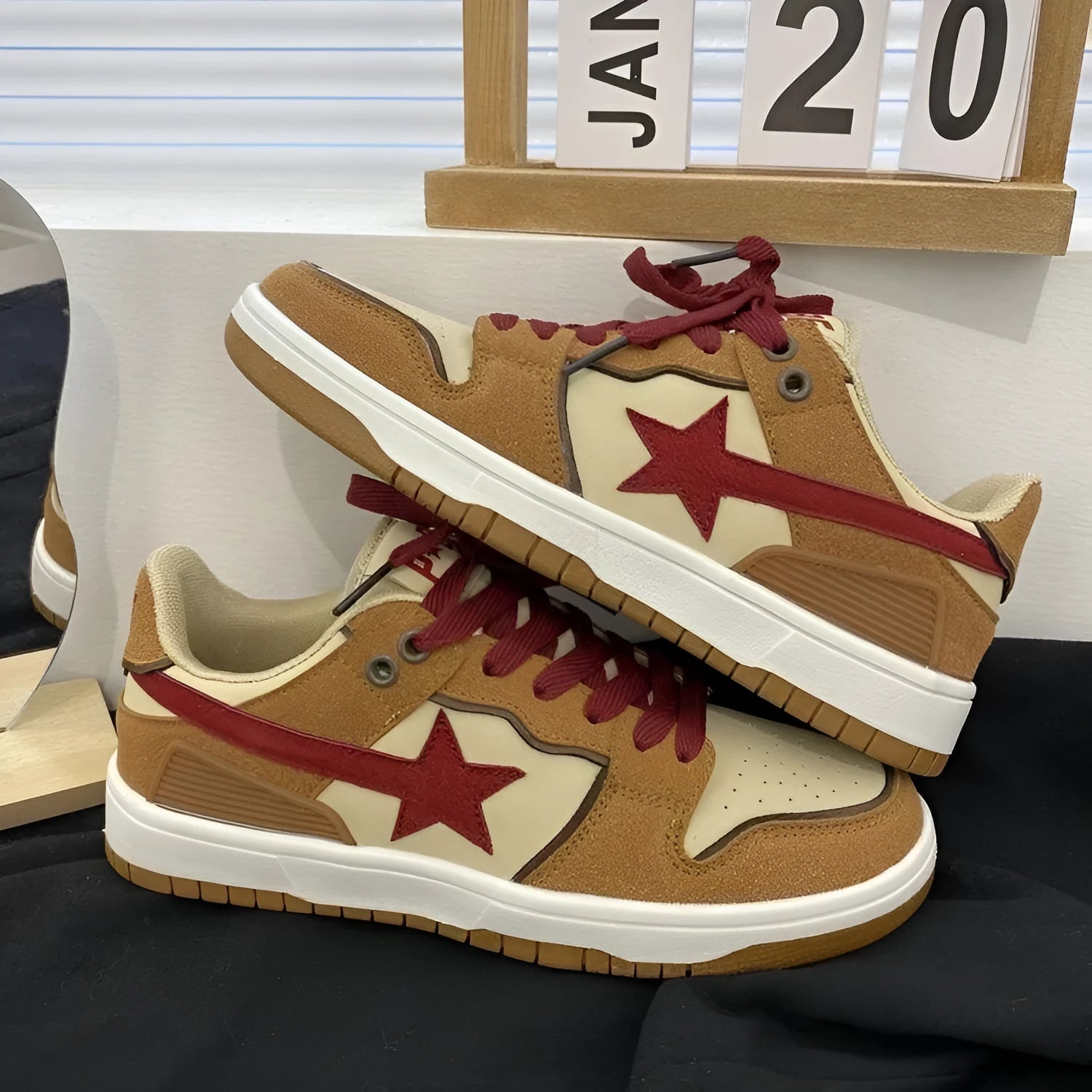 Brown women's platform sneakers with sequin decoration and lace-up front