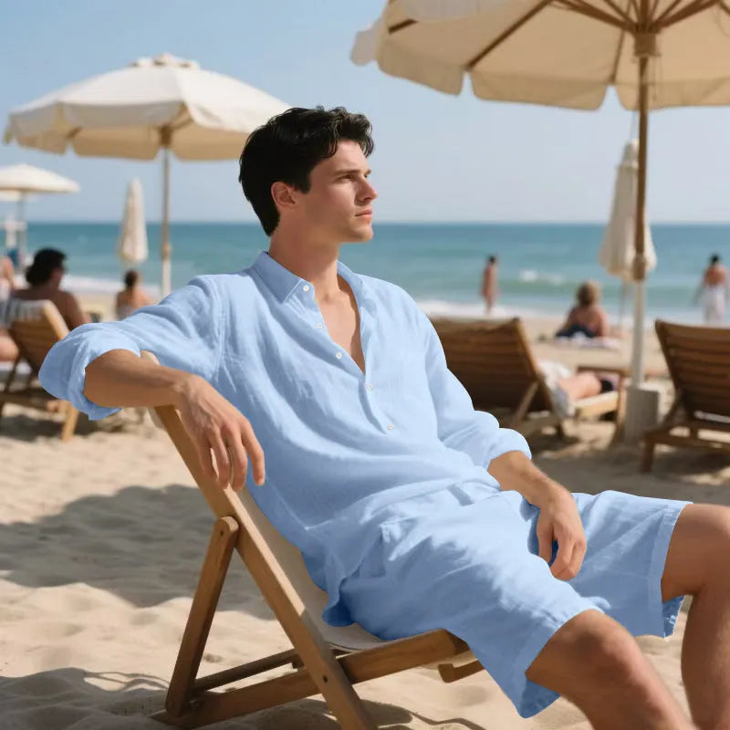 Men's linen beach suit set showing long sleeve shirt and matching shorts in available colours