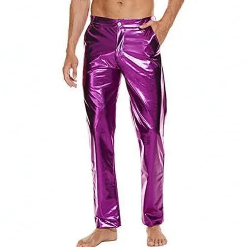Shiny wet-look disco pants, straight leg capri style, in silver with high elastic waistband
