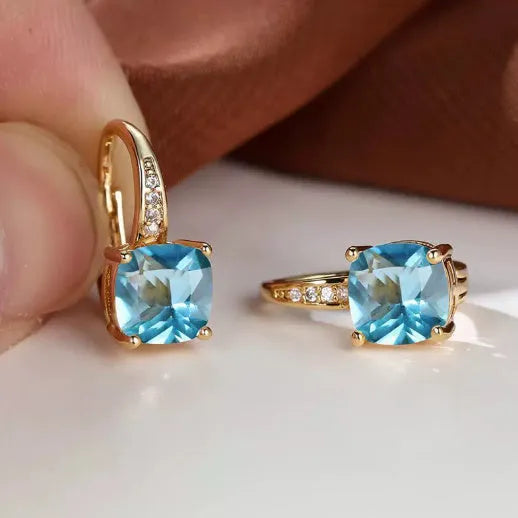 Square geometric ear clips with colourful moissanite stones in gold electroplated finish