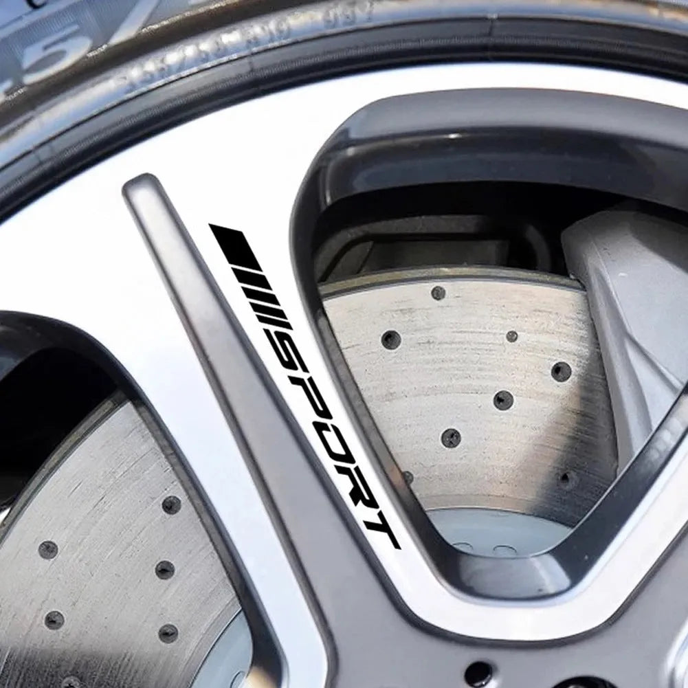 Car rim stickers in black, red and white colours with sports design for wheel decoration